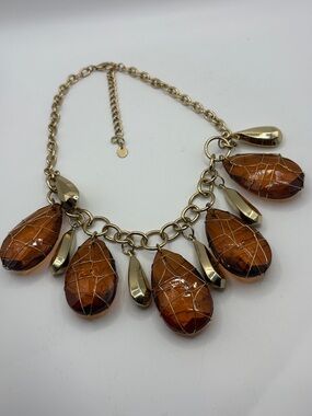 1990’s Nena Gold-Tone Cage Lucite Amber Crystal Teardrop Necklace 16-18”